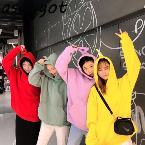 Autumn Winter Women Sweatshirt Solid Color Cute Teletubby Design Sweatshirt Hoodies Loose Pullover Casual All-match Top