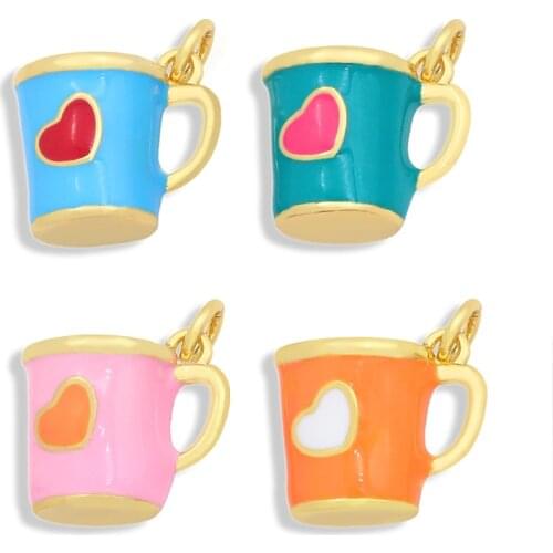 OCESRIO 18k Gold Platd Heart Brass Mini Mug Pendant Cute Zirconia Enamel Pendant for Necklace Jewelry Accessories pdta389