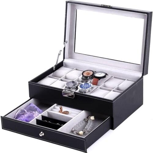 PU Leather Watch Box Stand Holder Double Layer Storage Display Box Organizer Luxury Casket Dustproof Glass Jewelry Watches Case