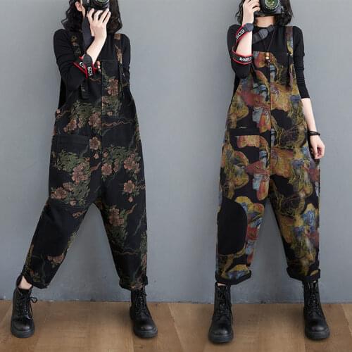 Vintage Denim Bib Jumpsuit Womens Spring 2021 New Retro Print Baggy Trousers Fashion Plus Size Harem Pants Floral Jeans zh543