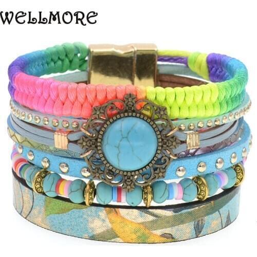 WELLMORE colorful bohemia bracelets for women stone beaded leather bracelet multilayer charm Bracelets Female fashion Jewelry