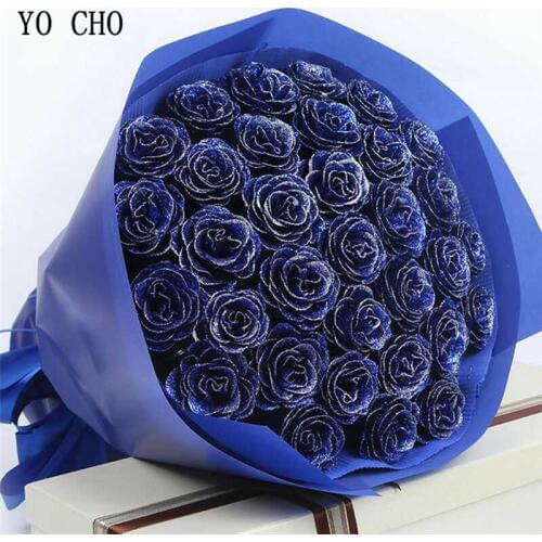 YO CHO 30pcs Crystal Glitter Rose Flower Head Artificial Silk Blue Rose Flower Head 1 Box DIY Home Wedding Decor Valentines Gift