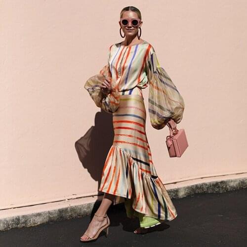 2021 Summer Ladies New Womens Trend Round Lead Long-Sleeved Rainbow Striped Dress Irregular Fish Tail Skirt Vestido Vfemage