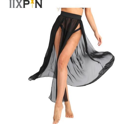 Women Sheer Chiffon Long Maxi Skirt Party Dance Costumes See Through Flowy Split Long Maxi Skirt Beach Swimsuit Cover Up Skirt