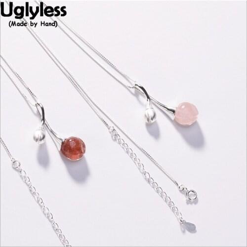 Uglyless 100% Real 925 Sterling Silver Handmade Flower Chokers for Women Strawberry Quartz Floral Necklaces Crystal Pendants