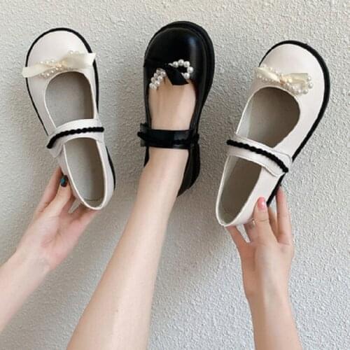 British Style Korean Fashion Pearl Bow Flat Bottom Ladies Mary Jane Shoes Small Leather Shoes Summer New Style Large Size 40