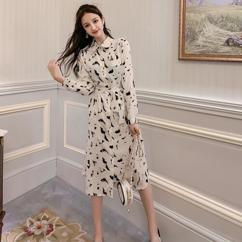 2021 Vintage Female White Print Chiffon Midi Dress Autumn Winter Plus Size Long Sleeve Dress Elegant Women Bodycon Party Vestido