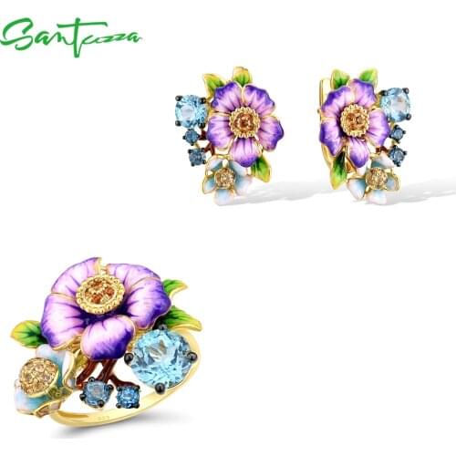 SANTUZZA 925 Sterling Silver Jewelry Set For Women Elegant Purple Flower Gold Color Shiny Blue Glass Enamel Party Fine Jewelry
