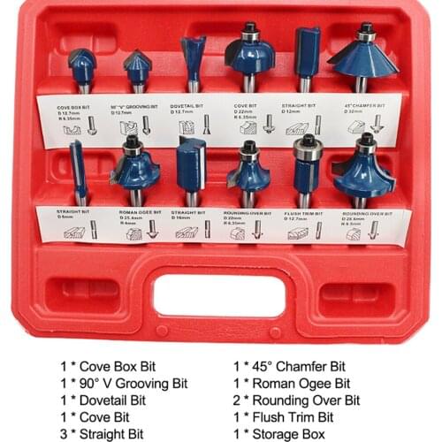 12PCS 1/4 Inch Shank Woodworking Milling Cutter Bits Set Trimming Machine Engraving Machine Accessories Set with Storage Box