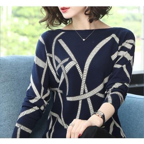 2018 new Autumn Loose Sweater Geometric Print Color Block O Neck Pullover Women Knitwear Sweaters Long Sleeve Knitted sweaters