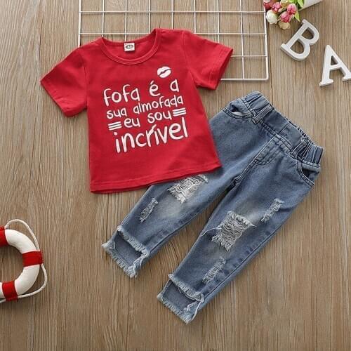 2019 Summer Baby Girl Adorable Letter Print Short Sleeve T-shirt Blouse Denim Pants Casual Outfits Clothes