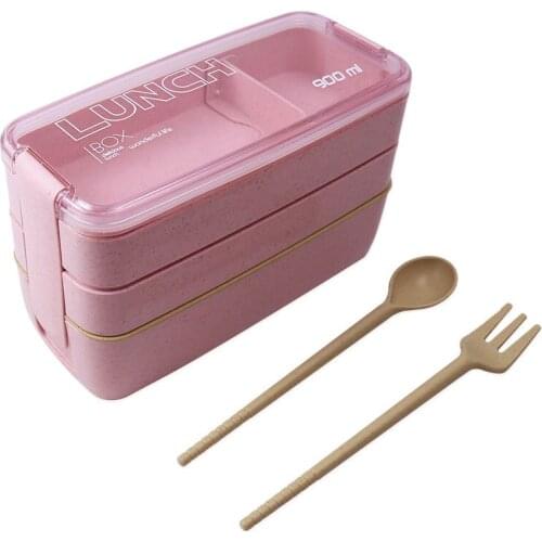 900ml 3 Layers Bento Box Eco-Friendly Lunch Box Food Container Wheat Straw Material Microwavable Dinnerware Lunchbox 2019 New