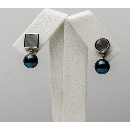 Free Shipping Luminous 7.5-8mm Round Real Akoya Black Pearl Drop Earrings 925 Sterling Silver #0207