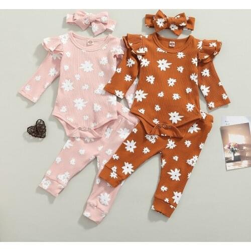 0-18M Newborn Baby Boy Girl Long Sleeve Print Cotton Bodysuit Tops Long Pant Trouser Headband 3PCS Baby Clothing Set