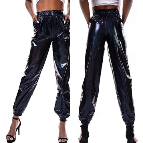 High Waist Metallic Shiny Jogger Casual Holographic Color Streetwear Trousers Women Fashion Smoothy Reflective Pants