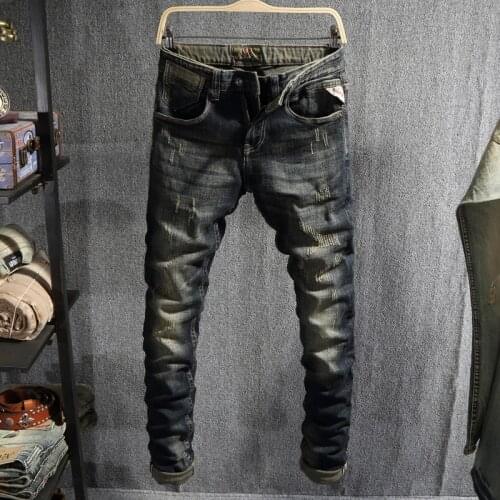 European Vintage Fashion Men Jeans Retro Distressed Washed Slim Fit Ripped Jeans Men Scratch Designer Casual Cotton Denim Pants