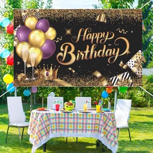 Happy Birthday Background Banner - Black and Gold Sign Poster for Men Women Birthday Anniversary Party Banner Decoration