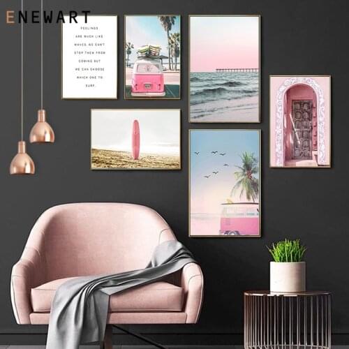 Nature Ocean Scenery Canvas Poster Nordic Beach Pink Travel Bus Wall Art Life Quote Print Painting Picture Modern Home Decor