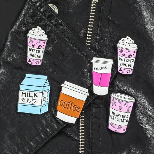 Coffee and milk pins Brooches Backpack Bags Hats Leather jeckets Accessories Food jewelry Coffee jewelry Milk jewelry