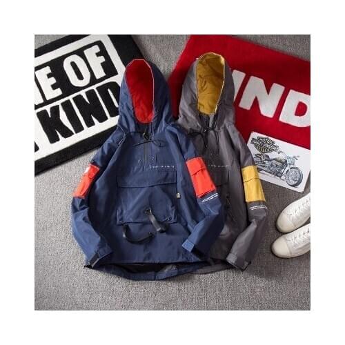 2019 Spring autumn mens Original Hip Hop Casual Half Zipper Hoodie Jacket Male Front Pocket Pullover Windbreaker Streetwear Coat