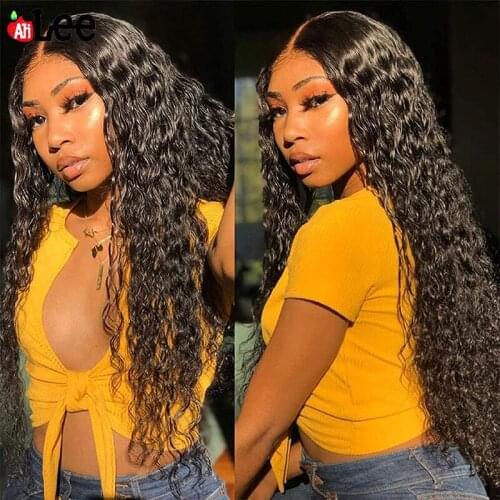 AliLee Malaysian Human Hair Water Wave Lace Frontal Wigs Pre Plucked 13x4 30 Inch Transparent Lace Frontal Wig 180% Density