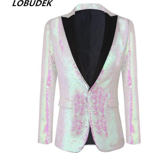 Plus Size Man Pink White Flip Sequins Blazers Fashion Slim Fit Suit Jackets Stage Wear DJ Singer Host Prom Concert Sequined Coat
