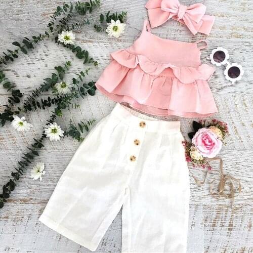 New Casual Childrens Sets Infant Baby Girls Kids Straps Ruffle Tops T Shirt+Pants+Headband Outfits Set baby girl clothes set