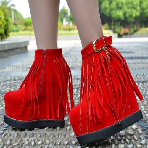 Autumn and winter fringed boots inside thickening 16 cm ultra high heel Womens boots in the tube muffin bottom female snow boot