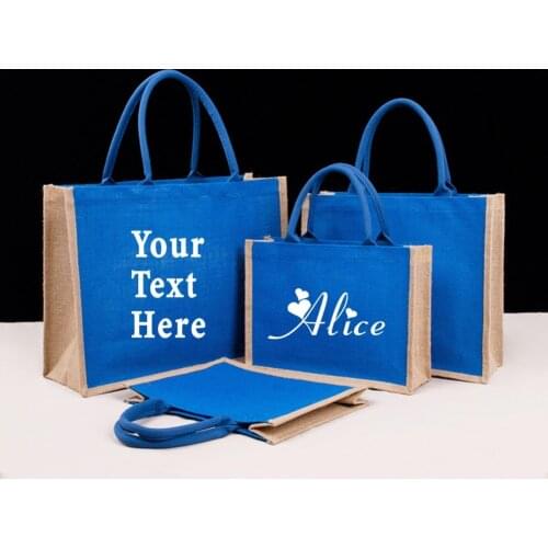 Personalized Bridesmaid Bags Custom Beach Burlap Tote Bags with Name Blue Beach Burlap Jute Bags Wedding Party Gift For Her