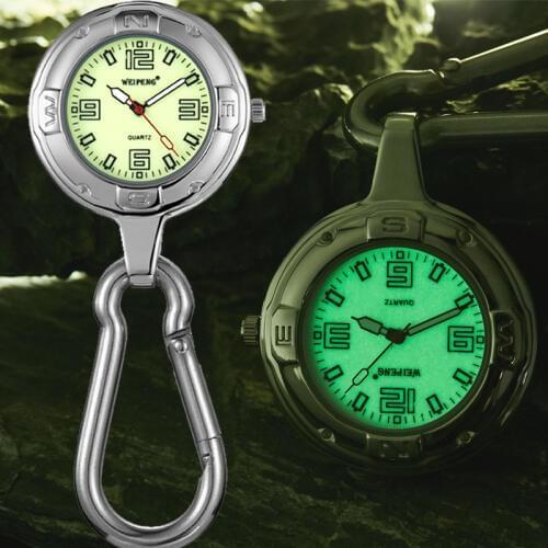Silver Clip-On Carabiner Pocket Watch Keychain Luminous Quartz Belt Clip Waist Fob Watch Backpack Outdoor Sport Men Women Clock