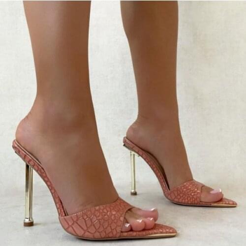 Womens Peep Toe Slipper Shoes Women Slip-On Leather Mule High Heels Slippers Summer Sandals Pointed Toe Slides Wedding Shoe