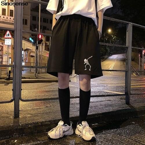 Elastic Summer Running Sports Shorts Women Men Skull Embroidery Ins Vintage Knee-length Streetwear High Waist Wide Leg Shorts