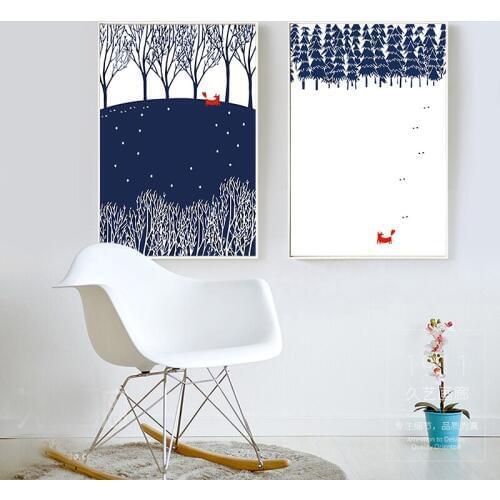 Nordic Cute Cartoon Pine Trees Snowing Landscape Canvas Painting Poster Print Chic Wall Drawing Ornament For Cafe Bedroom Shop