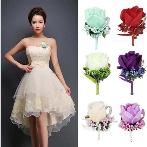Wedding Groom Rhinestone Boutonniere Silk Cloth Rose Flower Corsage Wedding Decoration flores artificiales Party decoration