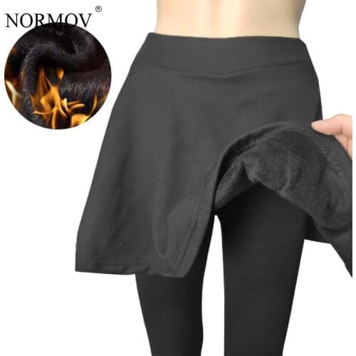 NORMOV Winter Keep Warm Leggings High Waist Black Slim Casual Pants Plus Velvet Thick with Skirt External Wear Leggings Women