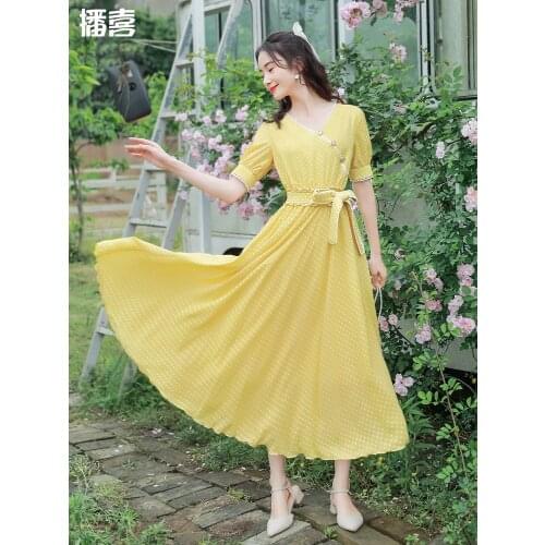 TIYIHAILEY Free Shipping Boshow Summer High Waist Dot Long Mid-Calf Short Sleeve S-L Dot Chiffon V-Neck Dress Yellow Dress Belt