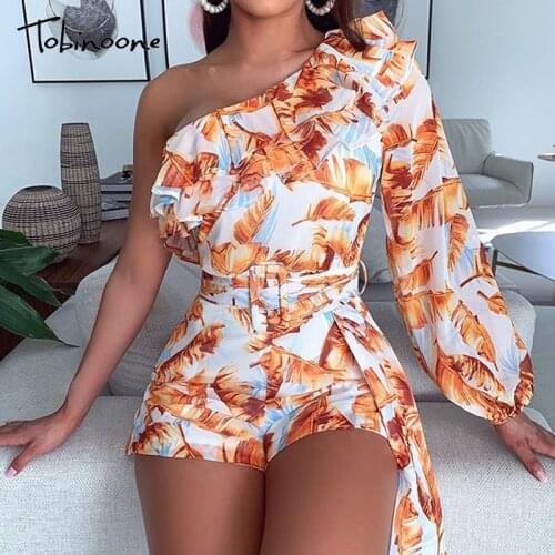Tobinoone Floral Print Tie Back Belted Playsuit 2020 Boho One Shoulder Summer Sleeveless High Waist Women Clothing Playsuit
