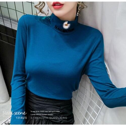 Daisy embroidery Turtleneck Long Sleeve T Shirt Women 2020 Cotton T-Shirt Female Korean Style Woman Clothes Slim Tshirt Femme