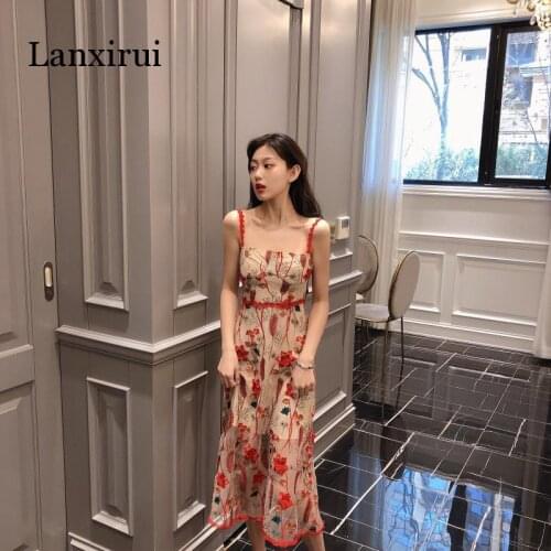 Womens Clothing Vintage party dress elegant Lace Floral Strapless Slash Neck spaghetti strap Dresses New summer dress women