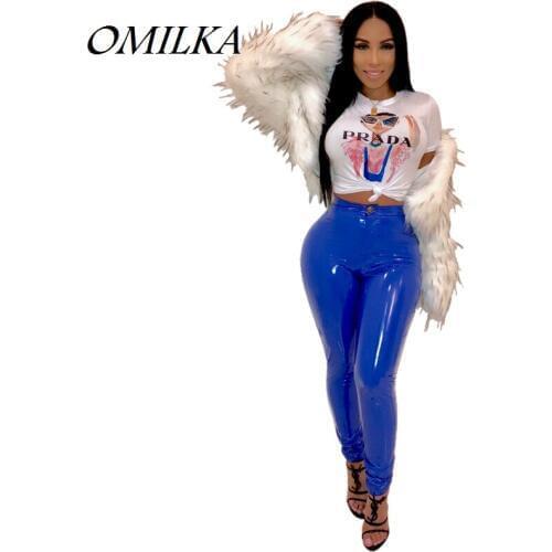 OMILKA 2018 Autumn Winter Women Midi Waist PU Leather Bodcon Pants Sexy Blue Black Yellow Orange Rose Club Velvet Pencil Pant