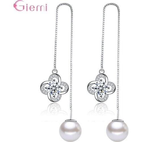 925 Sterling Silver Cubic Zircon Heart Pearl Long Tassel Dangle Earrings Women Wedding Drop Earring Sparkling Fashion Jewelry