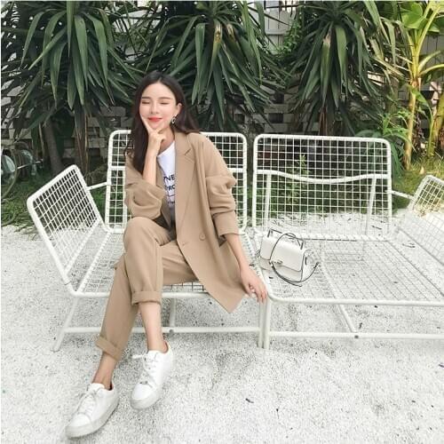 Obrix Jacket+Pants Formal Female Set V-Neck Full Sleeve Double Breasted Jacket Mid Waist Zipper Fly Straight Pants Set For Women