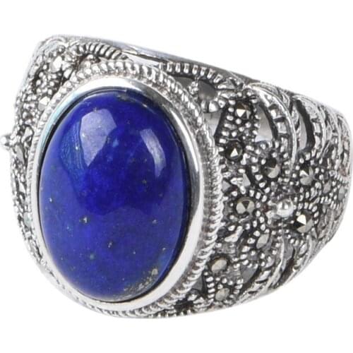 2021 Fashion Engraved Leaf Design Inlaid Natural Lapis Lazuli Ring for Women 100% Real S925 Silver Woman Ring