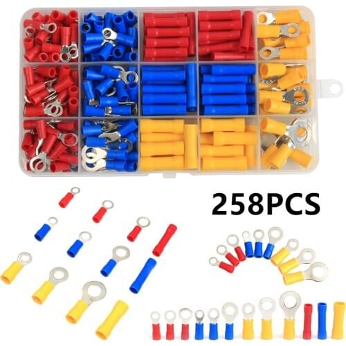 258PCS Assorted Ring Butt Wire Crimp Terminals Insulated Electrical Wire Cable Crimping Connector Kit AWG22-10/0.5-6.0mm2