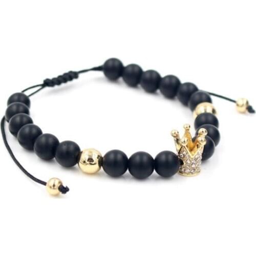 8mm trsd2 micro pave cz zircon cubic zirconia elastic adjusted Charm nature Black stone volcanic lava bead Crown Charm Bracelet