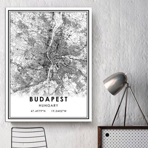 Black and White World City Map BUDAPEST Wall Art Canvas Poster Prints Nordic Style Paintings Picture for Living Room framed