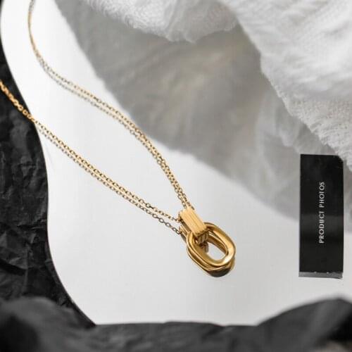 2021 Not Change Color Retro Style 18 K Gold Double Ring Pendant Necklace Square Geometric Stainless Steel Necklace Factory Price