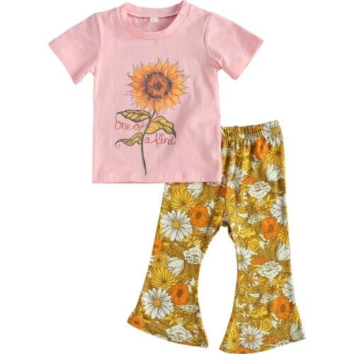 2021 1-6Y Kids Baby Girl Clothing Sunflower Print Pink Short Sleeve T-shirt Top+Flare Pants Long Trousers Cute Summer 2pcs Set