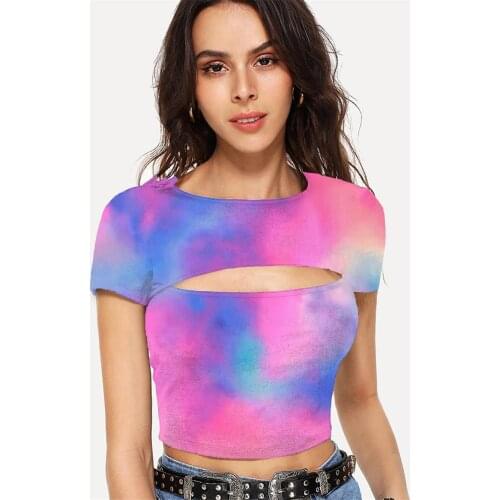 Somepet Tie Dye T-shirt Women Colorful Navel Bare Harajuku Tshirt Printed Novel T-shirts 3d Short Sleeve Hip Hop Short Style