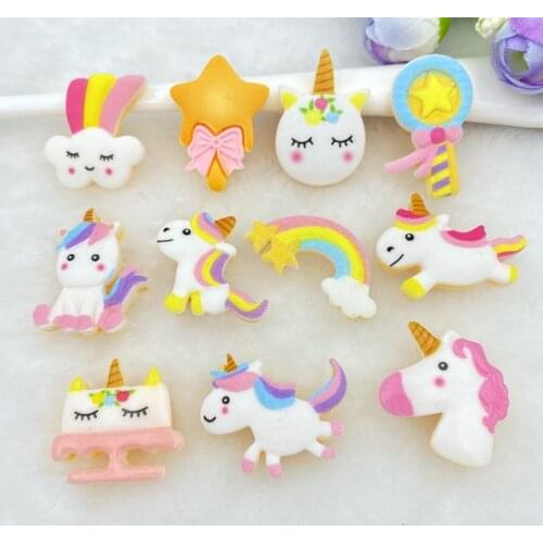 10Pcs Rainbow /Unicorn /Stars Flat back Resin Cabochons DIY Scrapbooking Hair Bows Clips Embellishment Accessories Resin Craft